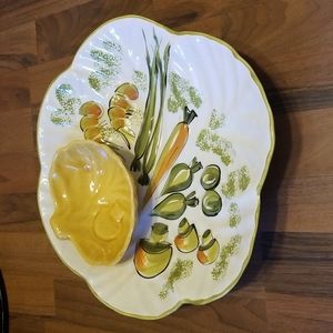 Vintage 1970's Mushroom & Veggie Ceramic Serving Chip & Dip Tray